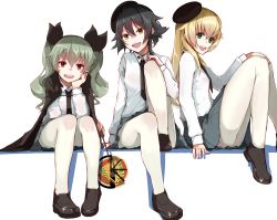 Rule 34 | 10s, 3girls, anchovy (girls und panzer), beret, black hair, blonde hair, blush, brown eyes, cape, carpaccio (girls und panzer), drill hair, girls und panzer, green eyes, green hair, hair ribbon, hand on own chin, hat, head rest, highres, loafers, long hair, long sleeves, looking at viewer, mugcup, multiple girls, necktie, open mouth, pantyhose, pepperoni (girls und panzer), pleated skirt, ribbon, riding crop, school uniform, shirt, shoes, short hair, sitting, skirt, smile, twin drills, twintails, white legwear, white shirt