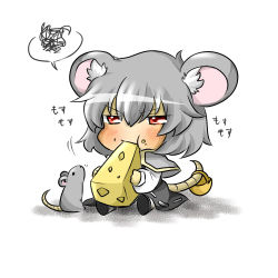 Rule 34 | 1girl, animal ears, bad id, bad pixiv id, basket, blush, capelet, cheese, chibi, dress, eating, female focus, food, food on face, grey dress, grey hair, mouse (animal), mouse ears, mouse tail, nazrin, rebecca (keinelove), red eyes, short hair, simple background, sitting, solo, squiggle, tail, touhou
