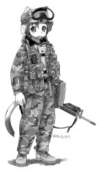 Rule 34 | 1girl, animal ears, animal ears helmet, assault rifle, boots, bulletproof vest, camouflage, camouflage pants, carabiner, cat ears, cat tail, chin strap, combat boots, ebifly, flak jacket, full body, goggles, goggles on headwear, greyscale, gun, helmet, holding, holding gun, holding weapon, jacket, load bearing equipment, load bearing vest, long sleeves, looking at viewer, m16, m16a2, military, military uniform, monochrome, original, pants, peq-box, pouch, radio, rifle, short hair, smile, soldier, solo, standing, tail, twitter username, uniform, united states army, vest, weapon, woodland camouflage