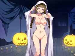 Rule 34 | 1girl, arm up, armpits, black hair, blush, braid, breasts, candle, censored, cosplay, door, female focus, fire, floor, ghost, ghost costume, gluteal fold, groin, halloween, hand up, happy, highres, indoors, large breasts, legs, looking at viewer, maria-sama ga miteru, mizuryu kei, mosaic censoring, nail polish, navel, nipples, nude, open mouth, pink eyes, pink nails, pumpkin, pussy, shimazu yoshino, smile, solo, thighs, twin braids