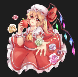 Rule 34 | 1girl, apple, ascot, black background, blonde hair, bow, collared shirt, cowboy shot, crystal, dark background, fang, flandre scarlet, flower, food, frilled skirt, frilled sleeves, frills, fruit, glowing, glowing wings, green flower, green rose, hair between eyes, hat, hat bow, head tilt, highres, holding, holding food, holding fruit, kayu (553917372), looking at viewer, medium hair, mob cap, multicolored wings, one side up, open mouth, outstretched arm, outstretched hand, pink flower, pink rose, puffy short sleeves, puffy sleeves, red apple, red bow, red eyes, red flower, red ribbon, red rose, red skirt, red vest, ribbon, ribbon-trimmed headwear, ribbon-trimmed sleeves, ribbon trim, rose, shirt, short sleeves, simple background, skin fang, skirt, sleeve bow, solo, touhou, vest, white hat, white shirt, wings, yellow ascot, yellow flower, yellow rose