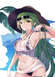 Rule 34 | 1girl, alternate costume, arm up, armpits, azur lane, bare arms, bare shoulders, bikini, bikini under clothes, black bikini, black hat, blush, breasts, brown eyes, cowboy shot, crop top, day, earrings, eyewear on head, green hair, grey-framed eyewear, hand up, hat, highres, jewelry, large breasts, littorio (azur lane), littorio (the glory of naples) (azur lane), long hair, looking at viewer, multicolored hair, navel, necklace, outdoors, palm leaf, parted lips, red eyes, red hair, schreibe shura, see-through, shirt, sidelocks, skindentation, sky, sleeveless, sleeveless shirt, smile, solo, standing, stomach, streaked hair, sun hat, sunglasses, swimsuit, thigh strap, very long hair, white shirt