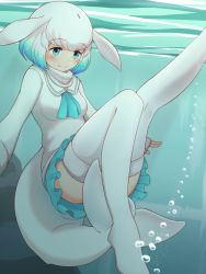 Rule 34 | 10s, 1girl, beluga whale (kemono friends) (stylecase), blowhole, blue eyes, blue hair, blush, borrowed character, bubble, cetacean tail, fictional persona, fins, fish tail, hatafuta, kemono friends, long sleeves, multicolored hair, neckerchief, no shoes, original, pleated skirt, short hair, skirt, smile, solo, sweater, tail, thighhighs, underwater, whale tail (clothing), white hair, white thighhighs
