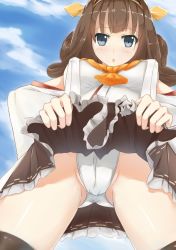 Rule 34 | 10s, 1girl, bare shoulders, blue eyes, breasts, brown hair, cleavage, clothes lift, detached sleeves, double bun, hairband, japanese clothes, kantai collection, kongou (kancolle), large breasts, long hair, long sleeves, miko, nontraditional miko, panties, ryouya, skirt, skirt lift, solo, thighhighs, underwear, upskirt, wide sleeves