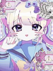 Rule 34 | 1girl, :d, blonde hair, blue bow, blue hair, blue nails, blue shirt, blush stickers, bow, cat, chouzetsusaikawa tenshi-chan, commentary, error message, hair bow, hand up, heart, highres, long hair, long sleeves, looking at viewer, multicolored hair, multicolored nails, nail polish, needy girl overdose, open mouth, outline, pink bow, pink hair, pink nails, purple bow, purple eyes, quad tails, recurring image, sabanose, sailor collar, shirt, smile, solo, symbol-only commentary, upper body, white outline, window (computing), yellow bow, yellow nails