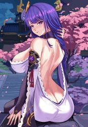Rule 34 | 1girl, absurdres, arched back, ass, back, bare back, bare shoulders, blush, braid, breasts, bridal gauntlets, butt crack, cherry blossoms, curvy, dress, flower, from behind, genshin impact, hand in own hair, highres, large breasts, long hair, looking at viewer, loooyd, purple eyes, purple flower, purple hair, raiden shogun, shiny skin, sideboob, single braid, sitting, smile, solo, very long hair