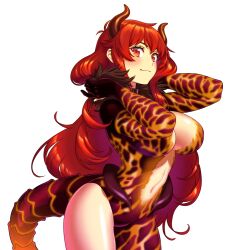 Rule 34 | 1girl, blush, breasts, choker, cleavage, clothing cutout, dola (nijisanji), dragon girl, dragon horns, dragon tail, highres, horns, large breasts, long hair, looking at viewer, magari (c0rn3r), lava, nijisanji, red eyes, red hair, simple background, solo, tail, very long hair, virtual youtuber, white background