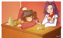 Rule 34 | 10s, 2girls, :d, ^ ^, arm up, artist name, blazer, blush, border, breasts, brown hair, cheek bulge, closed eyes, collared shirt, commentary, cup, drinking, drinking glass, grin, highres, holding, holding cup, jacket, jacy, jun&#039;you (kancolle), kantai collection, long hair, long sleeves, looking at another, magatama, medium breasts, multiple girls, nose blush, open mouth, purple eyes, purple hair, red shirt, ribbon-trimmed sleeves, ribbon trim, ryuujou (kancolle), shirt, shot glass, smile, sweatdrop, swept bangs, twintails, visor cap, wing collar