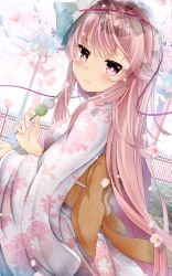 Rule 34 | 1girl, :t, alternate costume, blush, bright pupils, cherry blossoms, closed mouth, dango, day, dutch angle, eating, floral print, food, fox mask, hata no kokoro, highres, holding, japanese clothes, kimono, lamppost, looking at viewer, mask, obi, outdoors, pink eyes, pink hair, sash, solo, touhou, unlock-creed, wagashi, white kimono