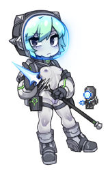 Rule 34 | 1girl, alien, aqua hair, black eyes, black footwear, black gloves, boots, breasts, cleft of venus, colored skin, creature and personification, energy weapon, full body, gigazapper, gloves, grey skin, helmet, holding, holding polearm, holding weapon, knee boots, no nose, nyong nyong, personification, polearm, reference inset, short hair, simple background, small breasts, solo, space helmet, spear, standing, terraria, uncensored, weapon, white background