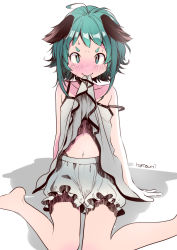 Rule 34 | 1girl, absurdres, ahoge, animal ears, artist name, bare arms, bare shoulders, barefoot, bloomers, blush, camisole, collarbone, commentary request, feet out of frame, green eyes, green hair, highres, kasodani kyouko, looking at viewer, mouth hold, namauni, navel, nose blush, short hair, signature, simple background, sitting, smile, solo, spaghetti strap, stomach, strap slip, thighs, touhou, underwear, wariza, white background, white bloomers