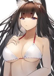 Rule 34 | 1girl, absurdres, amagi (azur lane), animal ear fluff, animal ears, azur lane, bare shoulders, bikini, blunt bangs, breasts, brown hair, cleavage, closed mouth, collarbone, commentary, english commentary, expressionless, eyeshadow, fox ears, hand on own chest, highres, large breasts, long hair, looking at viewer, lordol, makeup, purple eyes, simple background, solo, swimsuit, upper body, very long hair, white background, white bikini