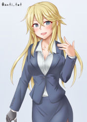 Rule 34 | 1girl, alternate costume, anti (untea9), blonde hair, blouse, blue eyes, blue hair, blush, breasts, business suit, cleavage, collarbone, collared shirt, cowboy shot, formal, gradient background, grey background, hair between eyes, highres, iowa (kancolle), kantai collection, large breasts, long hair, looking at viewer, mechanical arms, office lady, open mouth, pencil skirt, shirt, single mechanical arm, skirt, skirt suit, smile, solo, star-shaped pupils, star (symbol), suit, symbol-shaped pupils, twitter username, white shirt