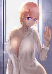 Rule 34 | 1girl, blue eyes, breasts, cleavage, collared shirt, commentary request, dress shirt, earrings, glass door, go-toubun no hanayome, gomashiwo o, hair between eyes, highres, jewelry, large breasts, looking at viewer, nakano ichika, no bra, open clothes, open hand, open shirt, see-through, shirt, short hair, showering, smile, tile wall, tiles, unbuttoned, unbuttoned shirt, white shirt, window