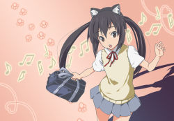 Rule 34 | animal ears, bag, black hair, brown eyes, cat ears, k-on!, long hair, musical note, nakano azusa, red-ring, school uniform, solo, twintails