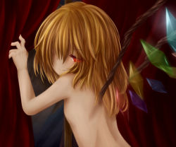 Rule 34 | 1girl, back, blonde hair, curtains, fang, female focus, flandre scarlet, hair over one eye, kisa (k isa), long hair, looking back, naughty face, no headwear, no headwear, nude, red eyes, reflection, seductive smile, smile, solo, touhou, upper body, window, wings