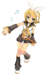Rule 34 | 1girl, aqua eyes, bad anatomy, bad hands, bad id, bad pixiv id, blonde hair, bow, dadami, detached sleeves, hairband, kagamine rin, musical note, navel, poorly drawn, quaver, simple background, solo, tatamix, vocaloid, white background