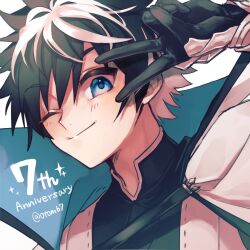 Rule 34 | 1boy, ;), anniversary, black gloves, black hair, blue eyes, blush, cape, charlemagne (fate), closed mouth, fate/grand order, fate (series), gloves, hand up, looking at viewer, male focus, multicolored hair, one eye closed, portrait, short hair, simple background, smile, solo, tomato (otom67), twitter username, two-sided cape, two-sided fabric, two-tone hair, v, white background, white cape, white hair