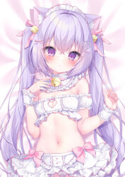 Rule 34 | 1girl, animal ears, artist name, bell, blush, bow, breasts, cat ears, cat girl, cleavage cutout, clothing cutout, collar, commentary request, crossed bangs, dakimakura (medium), detached collar, detached sleeves, frilled collar, frills, hair bell, hair ornament, hair ribbon, headdress, heart, heart hair ornament, highres, long hair, lying, momochi chia, navel, on back, original, pink bow, puffy detached sleeves, puffy sleeves, purple eyes, purple hair, ribbon, signature, small breasts, smile, solo, twintails, very long hair, w arms, white headdress