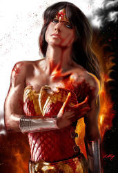 Rule 34 | 1girl, amazon warrior, armor, axlsalles, belt, black hair, blood, blood on face, blue eyes, dc comics, eagle (symbol), fire, highres, injury, looking at viewer, muscular, realistic, reflection, scale armor, solo, star (symbol), strapless, tiara, vambraces, wonder woman, wonder woman (series)