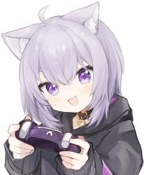Rule 34 | 1girl, :d, ahoge, animal ear fluff, animal ears, black collar, black hoodie, blush, cat ears, collar, commentary request, controller, game controller, highres, holding, holding controller, holding game controller, hololive, hood, hoodie, long sleeves, looking at viewer, medium hair, nekomata okayu, nekomata okayu (1st costume), open mouth, purple eyes, purple hair, simple background, smile, solo, upper body, virtual youtuber, wao nwon, white background