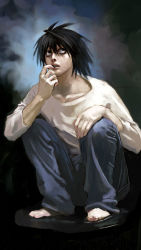 Rule 34 | 00s, 1boy, bags under eyes, barefoot, black eyes, black hair, death note, denim, itou satoshi, jeans, l (death note), male focus, messy hair, pants, realistic, solo, squatting