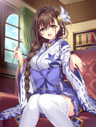 Rule 34 | 1girl, :d, bell, blush, bookshelf, bow, bracelet, braid, breasts, brown eyes, brown hair, couch, curtains, flower, hair flower, hair ornament, indoors, japanese clothes, jewelry, jingle bell, kanpani girls, large breasts, long hair, long sleeves, looking at viewer, mimikaki, mole, mole under eye, nontraditional miko, open mouth, ribbon-trimmed clothes, ribbon-trimmed sleeves, ribbon-trimmed thighhighs, ribbon trim, senri gan, shirayuri sakura, sitting, smile, solo, thighhighs, white thighhighs, window