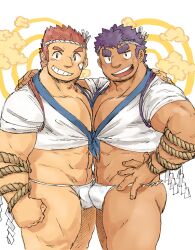Rule 34 | 2boys, abs, absurdres, bandaid, bandaid on cheek, bandaid on face, bara, brown hair, bulge, bulge press, bulges touching, cloud, dark-skinned male, dark skin, facial hair, feet out of frame, fire deity (housamo), from side, fundoshi, grin, hachimaki, halo, halo behind head, hand on another&#039;s shoulder, hand on own hip, happi, happy, headband, highres, japanese clothes, large pectorals, long sideburns, looking at viewer, male focus, mature male, multiple boys, muscular, muscular male, navel, nether deity (housamo), no pants, pectoral cleavage, pectoral docking, pectoral press, pectorals, purple hair, rope, shirt, short hair, sideburns, sleeves rolled up, smile, sobatya, stomach, stubble, thick eyebrows, thick thighs, thighs, tied shirt, tokyo houkago summoners, yaoi