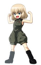 Rule 34 | 1girl, absurdres, black footwear, blonde hair, blue eyes, boots, clenched hands, fang, flexing, full body, girls und panzer, green jumpsuit, highres, insignia, jumpsuit, kamishima kanon, katyusha (girls und panzer), looking to the side, military, military uniform, open mouth, pravda military uniform, short hair, short jumpsuit, simple background, skin fang, sleeveless, smirk, solo, standing, uniform, v-shaped eyebrows, white background