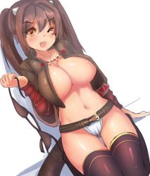 Rule 34 | 1girl, ;d, areola slip, arm support, beatrice (soccer spirits), belt, black thighhighs, blush, bra, unworn bra, breasts, brown hair, brown thighhighs, crop top, crop top overhang, cropped jacket, dragon tail, enarane, fang, gloves, gluteal fold, horns, jacket, jewelry, large breasts, long hair, looking at viewer, navel, necklace, no bra, one eye closed, open clothes, open jacket, open mouth, orange eyes, seiza, sitting, smile, soccer spirits, solo, tail, thigh gap, thighhighs, twintails, two side up, underwear, white gloves, wink