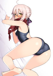 Rule 34 | 1girl, ahoge, all fours, artoria pendragon (fate), ass, black one-piece swimsuit, braid, braided bun, commentary request, competition swimsuit, crown braid, dutch angle, fate/grand order, fate (series), glasses, hair bun, long hair, looking at viewer, mysterious heroine x alter (fate), namonashi, one-piece swimsuit, pink hair, plaid, plaid scarf, red scarf, scarf, simple background, single hair bun, solo, swimsuit, white background, yellow eyes