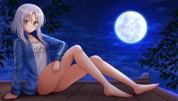 Rule 34 | 1girl, bare legs, barefoot, blue jacket, blush, breasts, brown eyes, closed mouth, cloud, collarbone, commentary, commission, english commentary, female focus, full body, full moon, hair between eyes, highres, hozumi serene, jacket, kazenokaze, knees up, long sleeves, looking at viewer, megami-ryou no ryoubo-kun, moon, night, night sky, open clothes, open jacket, outdoors, parted bangs, shirt, silver hair, sitting, sky, small breasts, solo, star (sky), starry sky, white shirt