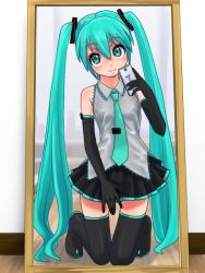 Rule 34 | 1girl, aqua eyes, aqua hair, boots, breasts, cellphone, elbow gloves, covered erect nipples, female pov, gloves, hatsune miku, head tilt, kneeling, long hair, mirror, necktie, o-minato, phone, pov, reflection, selfie, skirt, small breasts, smile, solo, thigh boots, thigh gap, thighhighs, twintails, very long hair, vocaloid