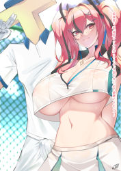 Rule 34 | 1girl, absurdres, apj, azur lane, blouse, breasts, bremerton (azur lane), bremerton (scorching-hot training) (azur lane), bulge, cleavage, covered erect nipples, crop top, crop top overhang, erection, erection under clothes, heart, heart necklace, highres, jewelry, large breasts, mole, mole on breast, mole under eye, necklace, pink hair, shirt, skirt, sleeveless, sleeveless shirt, translation request, twintails