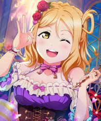 Rule 34 | 1girl, absurdres, artist name, artist request, bare shoulders, blonde hair, blush, bow, braid, breasts, brown eyes, cleavage, collarbone, crown braid, dress, female focus, flower, flower print, hair rings, highres, indoors, looking at viewer, love live!, love live! school idol festival, love live! sunshine!!, maid cap, medium breasts, bowtie, ohara mari, one eye closed, parted lips, pink flower, purple dress, red flower, short hair, smile, solo, striped, striped bow, tsumikiy, yellow eyes