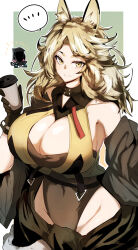 Rule 34 | 1girl, animal ears, arknights, bare shoulders, black gloves, blonde hair, border, breasts, chibi, chibi inset, cleavage, cleavage cutout, clothing cutout, coffee cup, cowboy shot, cup, detached sleeves, disposable cup, doctor (arknights), gin moku, gloves, green background, groin, highres, holding, holding cup, huge breasts, looking at viewer, lowleg, medium hair, messy hair, notice lines, outside border, parted lips, quercus (arknights), simple background, smile, solo, speech bubble, spoken notice lines, thick eyebrows, white border, yellow eyes