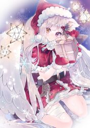 Rule 34 | 1girl, angel wings, animal ears, aoi yugina, bandaged leg, bandages, black footwear, boots, bow, capelet, center frills, christmas, closed mouth, commentary, frilled skirt, frills, fur-trimmed capelet, fur-trimmed mittens, fur trim, gift, hair ornament, hat, heterochromia, highres, holding, holding gift, holly hair ornament, long hair, looking at viewer, miniskirt, mittens, night, original, outdoors, red bow, red capelet, red eyes, red hat, red mittens, red skirt, santa boots, santa costume, santa hat, shirt, sitting, skirt, smile, snowing, solo, very long hair, wariza, white shirt, wings, yellow eyes