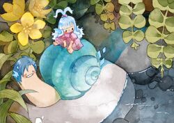 Rule 34 | 1girl, blue hair, dress, flower, highres, hololive, hololive indonesia, holostars, holostars english, keroswikee, kobo kanaeru, long hair, multicolored hair, open mouth, regis altare, snail, two-tone hair, virtual youtuber, water, white hair