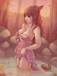 Rule 34 | 1girl, animal ears, warrior of light (ff14), blue eyes, blush, breasts, brown hair, cat ears, cat tail, cherry blossoms, cleavage, closed mouth, collarbone, commission, convenient censoring, final fantasy, final fantasy xiv, lips, long hair, medium breasts, miqo&#039;te, naked towel, onsen, outdoors, partially submerged, petals, slit pupils, solo, soranamae, standing, tail, towel, wading
