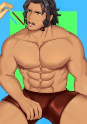 Rule 34 | 1boy, abs, absurdres, bara, black hair, brown male underwear, bulge, dark-skinned male, dark skin, dragalia lost, feeding, feet out of frame, food, highres, large pectorals, long sideburns, looking to the side, male focus, male underwear, medium hair, mikicat, muscular, muscular male, navel, nipples, pectorals, pocky, ranzal (dragalia lost), sideburns, sitting, solo focus, spread legs, stomach, thick thighs, thighs, topless male, underwear, underwear only