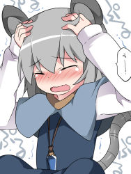 Rule 34 | 1girl, ^ ^, animal ears, bad id, bad pixiv id, blue dress, blush, capelet, closed eyes, commentary request, cowering, dress, grey hair, hammer (sunset beach), hands on own head, jewelry, mouse ears, mouse tail, nazrin, open mouth, pendant, simple background, solo, tail, tears, touhou, wavy mouth