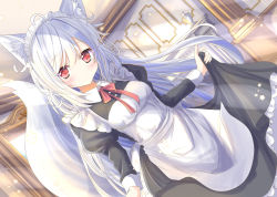 Rule 34 | 1girl, ahoge, animal ears, apron, aruka (alka p1), black dress, blush, bow, closed mouth, collared dress, commentary request, dress, dutch angle, fox ears, fox girl, fox tail, hair between eyes, highres, indoors, juliet sleeves, long hair, long sleeves, maid, maid apron, maid headdress, original, puffy sleeves, red bow, red eyes, silver hair, skirt hold, smile, solo, tail, very long hair, white apron