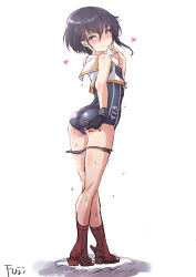 Rule 34 | 1girl, ass, asymmetrical hair, black gloves, black hair, black one-piece swimsuit, blush, breast cutout, brown eyes, character name, commentary request, from behind, fuji (pixiv24804665), full body, gloves, hair between eyes, highres, i-13 (kancolle), kantai collection, looking at viewer, nose blush, one-piece swimsuit, partially fingerless gloves, red footwear, sailor collar, school swimsuit, shirt, short hair, simple background, single glove, sleeveless, sleeveless shirt, solo, swimsuit, tsurime, white background, white sailor collar, white shirt