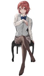 Rule 34 | 1girl, absurdres, alternate costume, amagi (amagi626), black pantyhose, blue bow, blue bowtie, blue sweater vest, blush, boots, bow, bowtie, buckle, buttons, collared shirt, commentary request, crossed legs, fingernails, full body, highres, horikawa raiko, jacket, knees, lips, long sleeves, looking at viewer, miniskirt, no shoes, pantyhose, pleated skirt, red eyes, red hair, school uniform, shirt, short hair, simple background, sitting, skirt, smile, solo, stick, stool, sweater vest, thighband pantyhose, touhou, vest, white background, white jacket, white skirt, white sleeves, wing collar, wrist cuffs