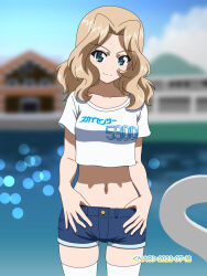 Rule 34 | 1girl, artist name, blonde hair, blue eyes, blue shorts, blue sky, blurry, blurry background, bokeh, closed mouth, clothes writing, cloud, cloudy sky, commentary, cowboy shot, dated, day, denim, denim shorts, depth of field, girls und panzer, hair intakes, highres, kay (girls und panzer), looking at viewer, medium hair, midriff, naotosi, navel, outdoors, shirt, short shorts, short sleeves, shorts, sky, smile, solo, standing, t-shirt, thighhighs, thumbs in waistband, translated, white shirt, white thighhighs