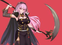 Rule 34 | 1girl, asymmetrical sleeves, black dress, breasts, cape, cleavage, cowboy shot, detached sleeves, dress, highres, hololive, hololive english, large breasts, long hair, looking at viewer, mori calliope, pink hair, ranox, red background, red eyes, scythe, side slit, sidelocks, simple background, smile, solo, tiara, uneven sleeves, veil, virtual youtuber