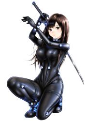 Rule 34 | 1girl, arms up, black bodysuit, blush, bodysuit, breasts, brown hair, gantz, gantz suit, holding, holding sword, holding weapon, katana, knee up, long hair, looking at viewer, medium breasts, on one knee, over shoulder, parted bangs, parted lips, shimohira reika, shiny clothes, shoes, simple background, solo, sword, takapin, thigh strap, weapon, weapon over shoulder, white background