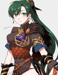 Rule 34 | 1girl, armor, breastplate, breasts, earrings, fire emblem, fire emblem: the blazing blade, fire emblem heroes, fur trim, green eyes, green hair, high ponytail, highres, jewelry, large breasts, long hair, looking at viewer, lyn (fire emblem), nintendo, official alternate costume, peach11 01, ponytail, short sleeves, side slit, smile, solo, thighs, very long hair