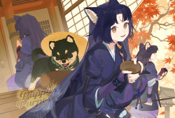 Rule 34 | 1girl, :d, animal ear fluff, animal ears, arknights, autumn leaves, baggy pants, beads, black dog, black hair, black kimono, bowl, brown eyes, commentary, dog, dog ears, dog girl, english text, facial mark, falling leaves, favilia, fingerless gloves, forehead mark, gloves, hat, holding, holding bowl, infection monitor (arknights), japanese clothes, kimono, lantern, leaf, long hair, looking at viewer, maple leaf, multiple views, open mouth, pants, pillar, prayer beads, praying, puffy sleeves, purple gloves, purple pants, saga (arknights), shiba inu, shrine, sitting, smile, straw hat, tree, wooden floor, wooden lantern