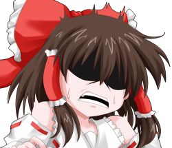 Rule 34 | 1girl, arc system works, bare shoulders, bow, brown hair, collarbone, detached sleeves, guilty gear, guilty gear xrd, hair bow, hair ornament, hair tubes, hakurei reimu, kanchou, oden (th-inaba), parody, shaded face, short hair, simple background, sol badguy, solo, sweatdrop, touhou, upper body, white background